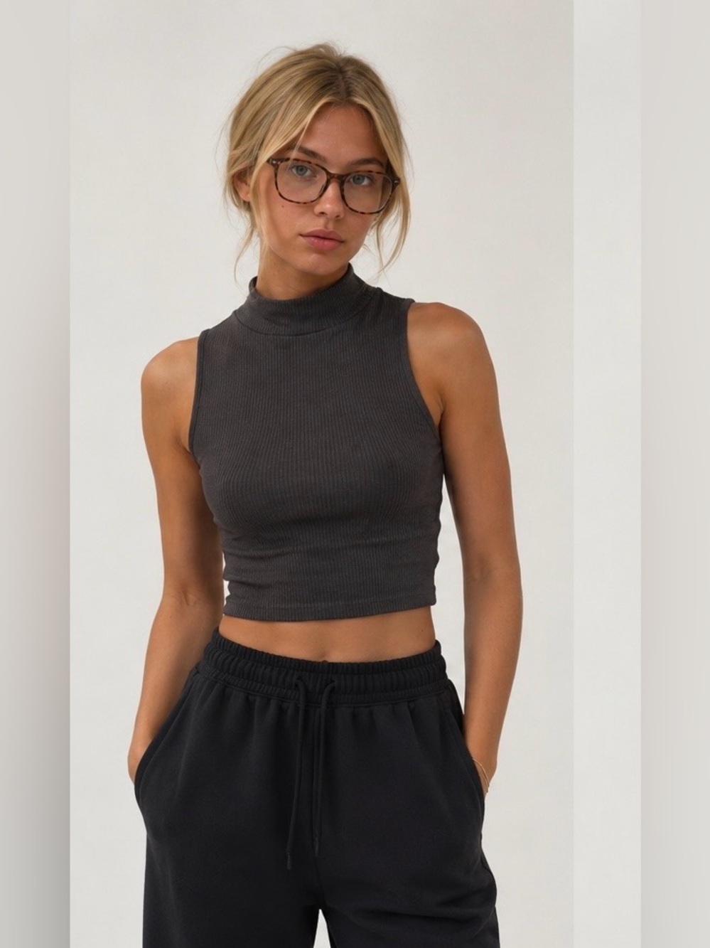 Zara Charcoal Ribbed Mock Neck Tank Top